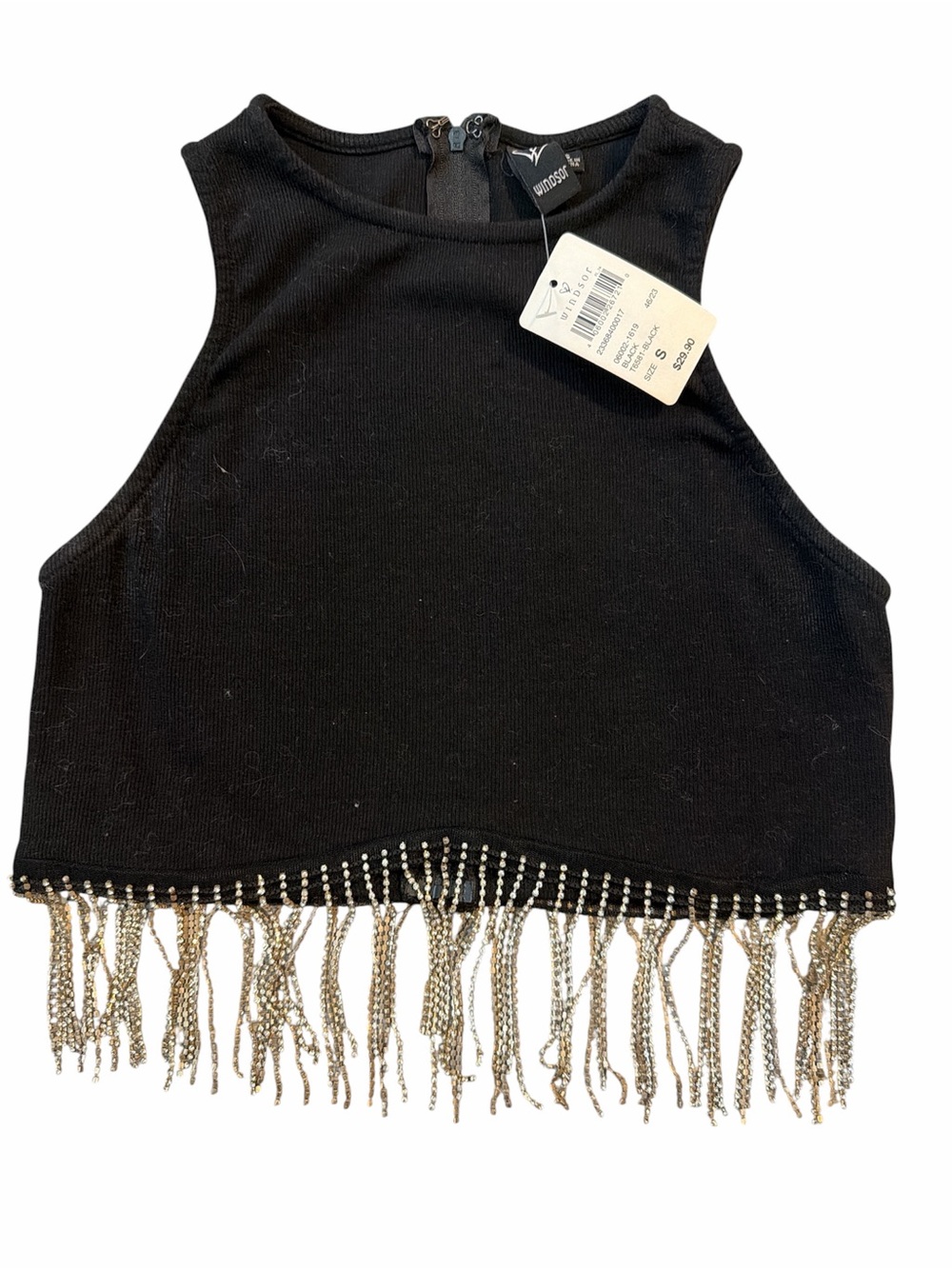 Windsor Black Crop Tank with Beaded Fringe Sz S